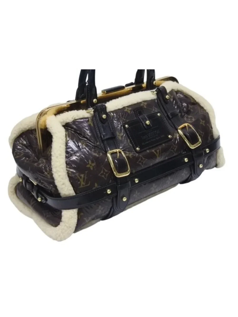 Louis Vuitton Monogram Shearling Storm Handbag Brown Patent Leather Sheepskin